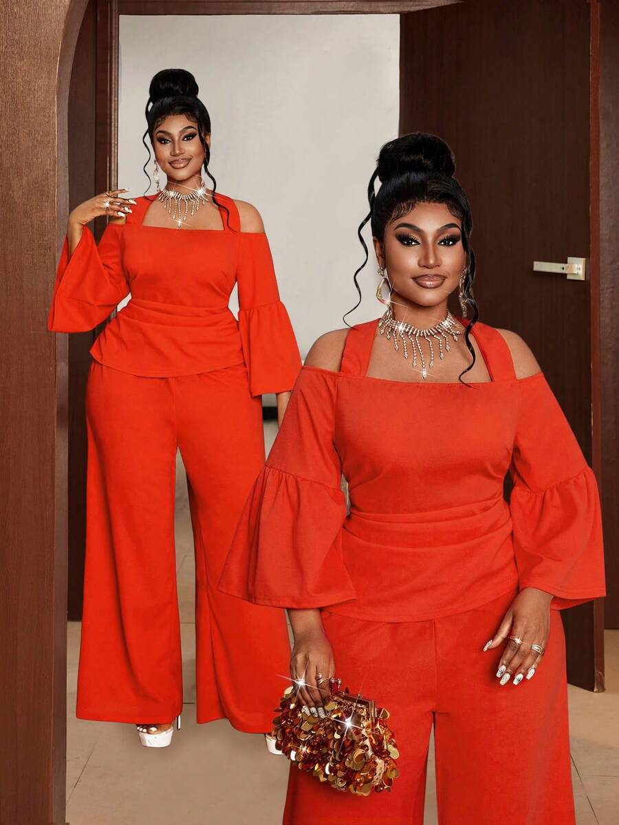 Maweii Damen Große Größen 2-teiliges Set, Langarm-Top und Lässig Hose, geeignet für Outdoor und Pendeln, Frühling/Sommer - Orange - Übersicht 1