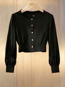 Chiquease 女士优雅黑色圆领长袖衬衫，适合夏季通勤；黑色上衣；夏季；暑假；夏季上衣；女士春季；春季；春假；情人节；女士情人节；女士优雅上衣；女士优雅衬衫；女士度假；暑假；假期；女士休闲上衣；女士休闲装。 - 黑色 - 查看 1