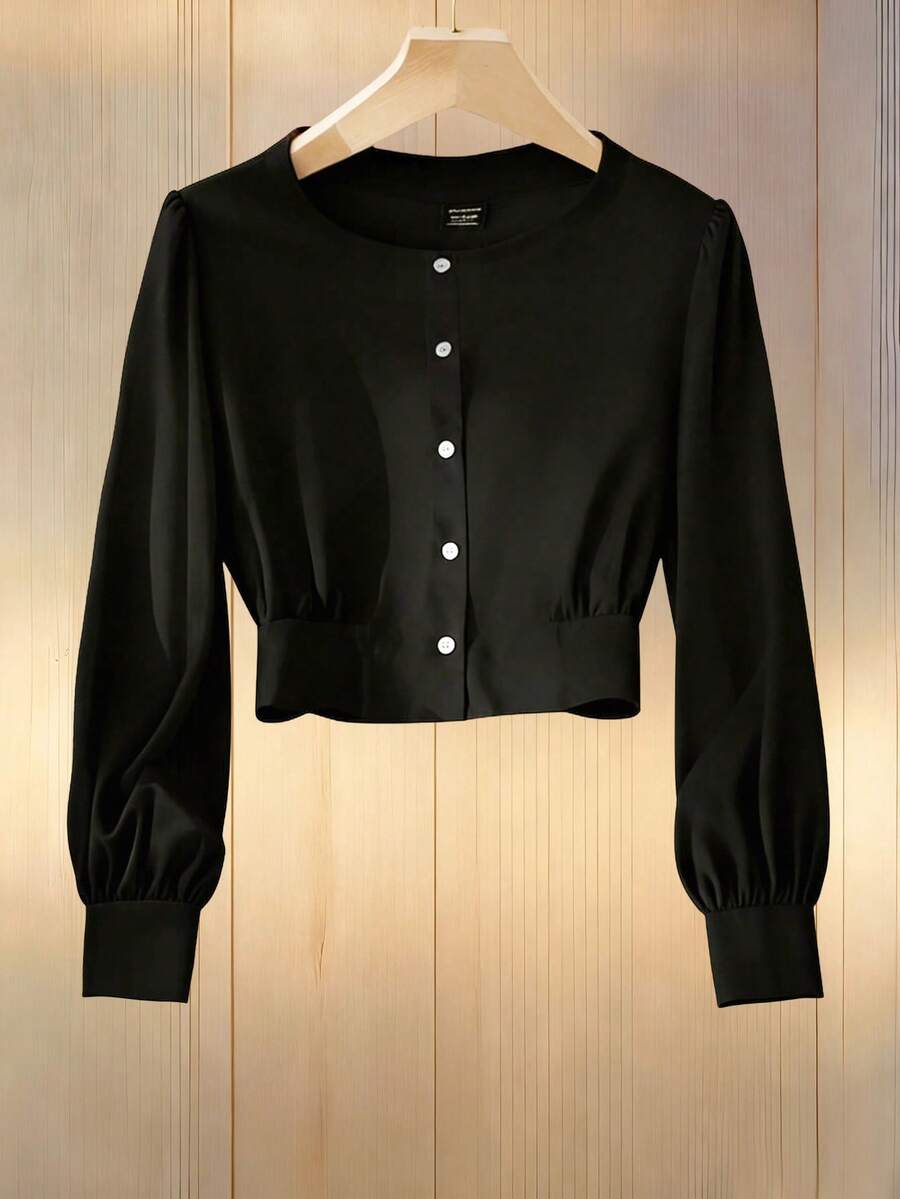 Chiquease 女士优雅黑色圆领长袖衬衫，适合夏季通勤；黑色上衣；夏季；暑假；夏季上衣；女士春季；春季；春假；情人节；女士情人节；女士优雅上衣；女士优雅衬衫；女士度假；暑假；假期；女士休闲上衣；女士休闲装。 - 黑色 - 查看 1