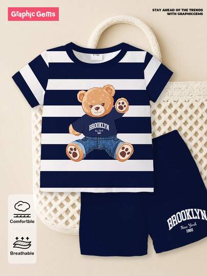 SHEIN GraphicGems 1 Set Baby Boy Casual Cute Bear & Stripe Print Round Neck Short Sleeve T-Shirt Paired With Brooklyn Navy Shorts Set, Suitable For Summer Outings