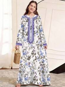 Rochie casual cu mânecă lungă, lejeră, cu imprimeu floral, pentru fete adolescente - Multicolor - Vizualizare 5