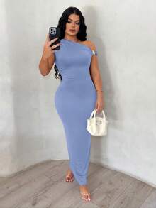 SHEIN SXY 不对称领口 不对称肩部 纯色修身优雅连衣裙 - 藍色 - 查看 3