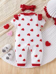 SHEIN 2件套婴儿男女通用婴儿幼儿新生儿0-3岁情人节爱心图案荷叶边按扣连体衣和红色发带套装，春夏款，适合新年、情人节、生日派对、节日、周岁生日、拍照、新生儿连体衣、男女通用连体衣 - 紅白色 - 查看 2