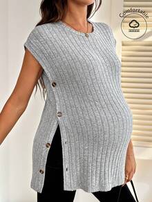 SHEIN Maternity Casual Minimalist Side Button Rib Knit Tank Top, Summer - Grey - View 4