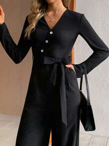 Elyressa Women's Solid Color Button Design Long Sleeve Wide Leg Casual Jumpsuit - Black - View 3