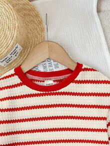 SHEIN LMoss Kids 2件套女婴针织条纹圆领T恤和短裤套装 - 彩色 - 查看 6