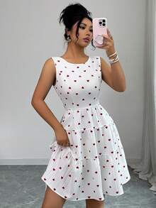 Rafferiza 心形印花优雅圆领无袖蛋糕裙，饰有蝴蝶结，白色连衣裙，适合情人节穿着。 - 白色 - 查看 5