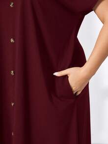 SHEIN Essnce 大码女装春夏时尚休闲宽松舒适日常短袖黑色V领口袋长裙，适合夏季穿着，也适合女士出席教会活动、展现优雅气质、教师着装以及机场出行。 - 玫瑰紅 - 查看 4