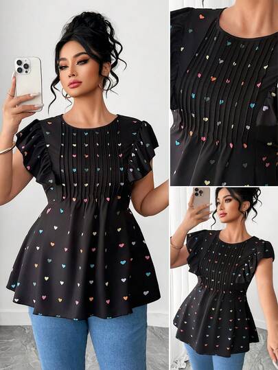 Elenzga Plus Size Women's Summer New Black Heart Print Valentine's Day Element Short Sleeve Top, Fashionable Pleated Puff Sleeve Slim Fit Versatile Blouse. Plus Size Women's Colorful Heart Pattern Front Panel Casual Pullover Sweater, Heart Design Perfectly Matches Valentine's Day Theme, Suitable For Casual Outings, Shopping, Lunch With Friends, Or Daily Wear. Elegant Tops For Women Beaded Tops Embellished Top Black Rhinestone Top Eyelet Top For Women