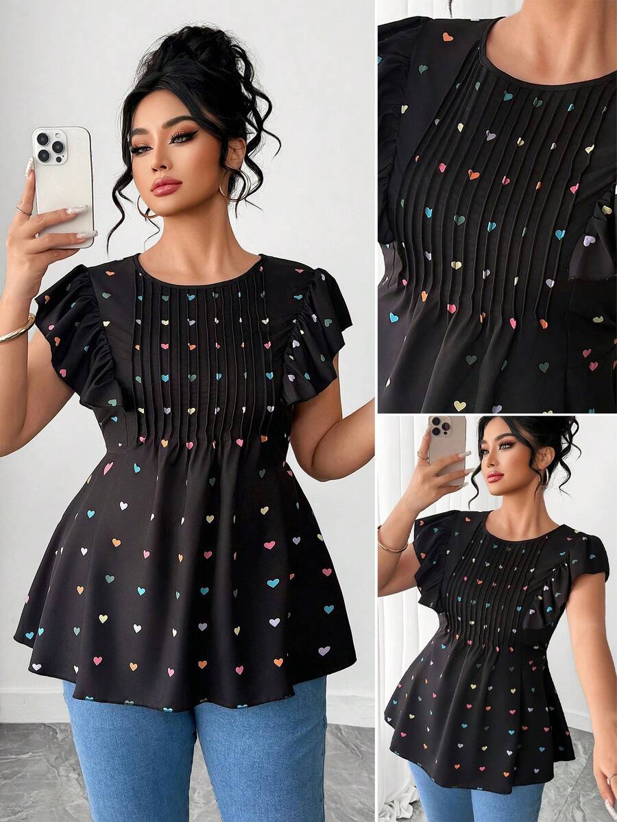 Elenzga 大码女装夏季新款黑色爱心印花情人节元素短袖上衣，时尚褶皱泡泡袖修身百搭衬衫。大码女装彩色爱心图案前片休闲套头毛衣，爱心设计完美契合情人节主题，适合休闲外出、购物、与朋友午餐或日常穿着。 - 黑色 - 查看 1