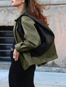 Cévolie New Retro Chic Fashion Loose Fit Blazer Leather Jacket For Women