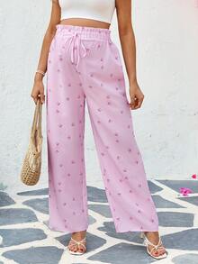 SHEIN Maternity Flared Leg Loose Casual Pants With Waist Tie Bow Floral Print - Pink - View 4