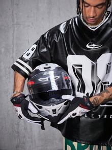 AXEPEAK 男士宽松V领数字印花短袖篮球球衣式T恤，PU皮革材质，适合夏季、校园、街头服饰以及秋冬季穿着。 - 黑色 - 查看 5