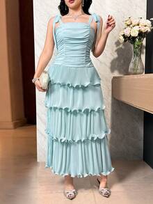 女士优雅约会派对纯色系带打结多层褶皱下摆收腰连衣裙，夏季 - 淺藍色 - 查看 5