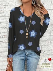EMERY ROSE Plus Size Women Floral Print V-Neck Long Sleeve Loose T-Shirt Spring - Multicolor - View 1