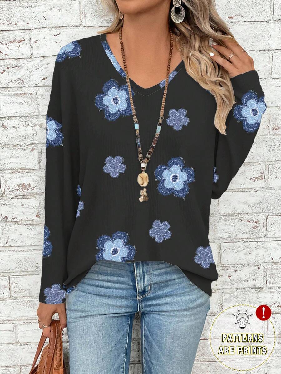 EMERY ROSE Plus Size Women Floral Print V-Neck Long Sleeve Loose T-Shirt Spring - Multicolor - View 1