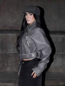 Fashion Zip Up Belted Crop Moto Jacket Fall Winter Cloth For Women - Grey - View 5