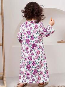 Vestido Casual Solto com Decote em V de Manga Longa com Estampa Floral Miúda e Babados para Menina - Multicolorido - Visão 2