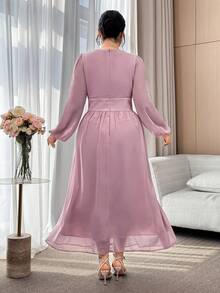 Modelyn Plus Size Women Solid Color Pleated Overlap V-Neck Lantern Sleeve Elegant Dress - Dusty Pink - View 2