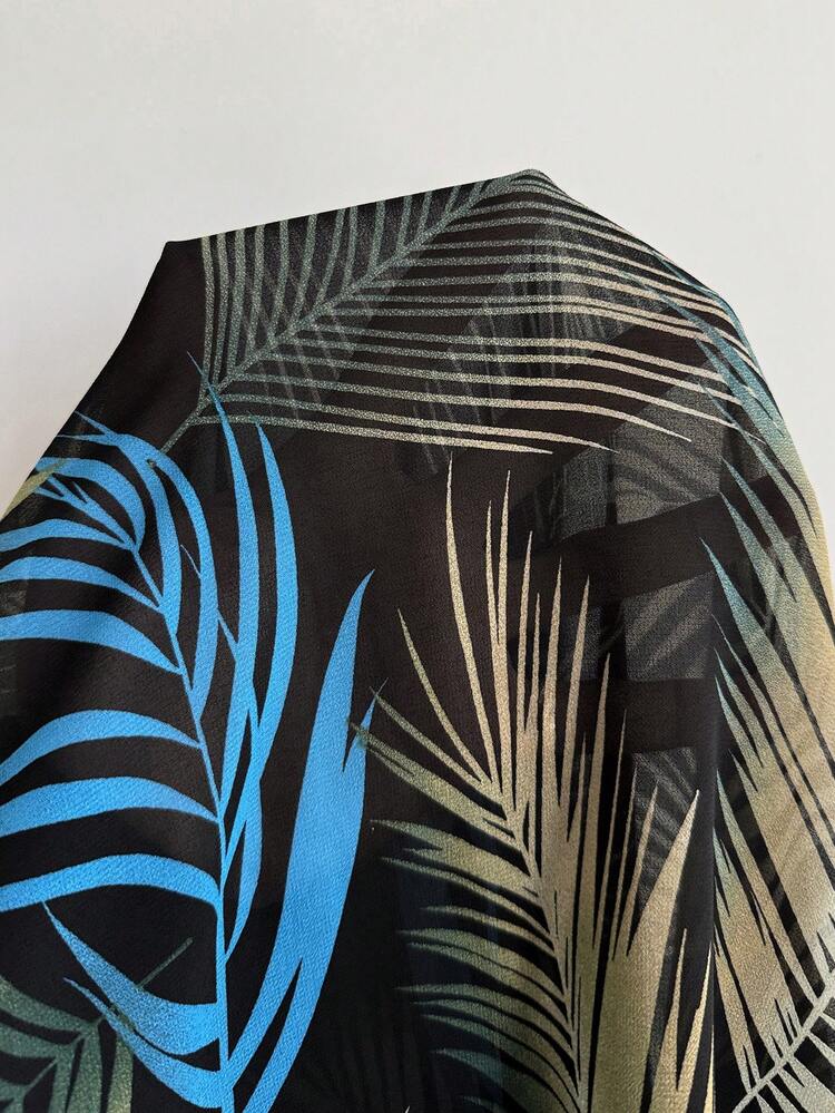 2pc Set Plus Size Women's Summer Casual Vacation Tropical Leaf Print  Floral Print Kimono Jacket And Shorts 2 Pieces Set With Pocket, Spring/Summer/ Vacation,Summer Holiday,Spring Break Outfits ,Vacation Outfits Women ,Holiday Outfits For Women,Going Out Outfits,2026 New Clothes,Simple And Fashionable For Everyday Wear,Short Set, Plus Size 2 Piece Sets,Suitable For Summer, Vacation, Commute, Daily Wear,Plus Size Summer Sets