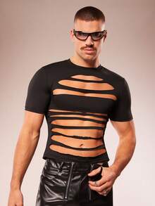 FeverCity Men's Fashionable Sexy Hollow-Cut Short Sleeve T-Shirt, Summer - Black - View 4