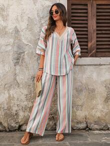 EMERY ROSE Bộ đồ nữ đi nghỉ mát kẻ sọc cổ chữ V tay lửng và quần dài, kiểu dáng thường ngày, gồm 2 món. - Nhiều màu - Xem 8