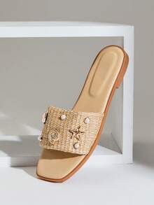 SHUZIA 女士优雅舒适珍珠海星装饰套脚拉菲草平底凉鞋 - 米色 - 查看 3