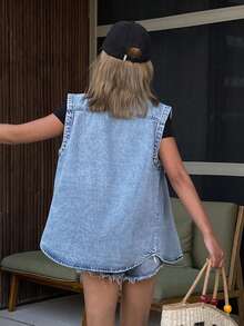 DAZY Women's Round Neck Sleeveless Urban Casual Tank Top, Vacation Style - Light Wash - View 3