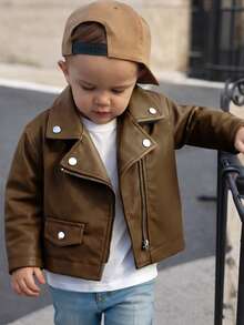 SHEIN Playful Pals 1pc Toddler Boys' Casual Chic Black Faux Leather Jacket, Spring/Autumn - Coffee Brown - View 1
