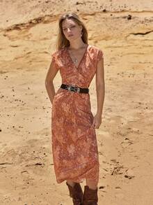 MOTF STUDIO WOMEN'S FLORAL PRINT RUFFLE SLEEVE BELTED MID-LENGTH DRESS