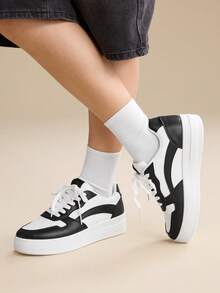 CUCCOO EASI Women's Spring/ Summer Versatile Thick Sole Lace-Up Front White Casual Sneakers, Student/Sport Shoes Spring Summer Shoe Trainers - Black and White - View 2