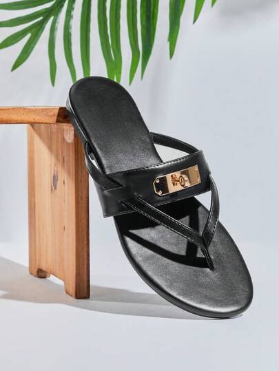 SHUZIA #QuietLuxury Women's Round Toe Minimalist Designer-Inspired Metal-Accent Premium Faux Leather Black Flip Flop Sandal– Chic, Versatile & Easy To Pair