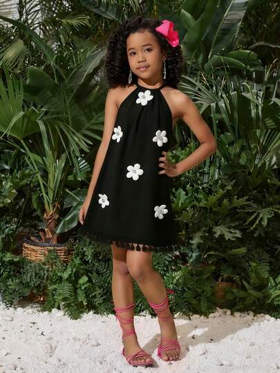 SHEIN Vestido de vacaciones ajustado con cuello halter y estampado floral elegante para niña preadolescente