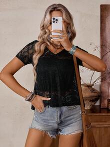 LanaWest 女士西式休闲V领荷叶边蕾丝短袖薄纱衬衫 - 黑色 - 查看 5