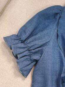 GlowEve Women's Blue Denim Effect Ruffle Trim Short Sleeve Blouse - Blue - View 4