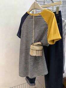 Camiseta de manga corta con cuello redondo, diseño de bloqueo de color con estampado de rayas, nueva llegada primavera/verano, talla grande vendida para mujer - Multicolor - Ver 2
