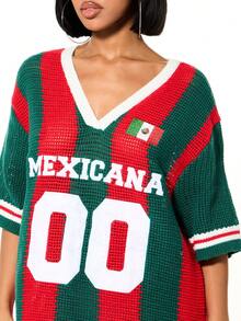 SUMWON WOMEN SUMWON 女装墨西哥钩针编织超大V领运动风长款束腰上衣，饰有国旗图案和大学号码，休闲度假风 - 彩色 - 查看 4