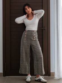 Hitanina Plaid Print Button Detail Wide Leg Pants - Black and White - View 1