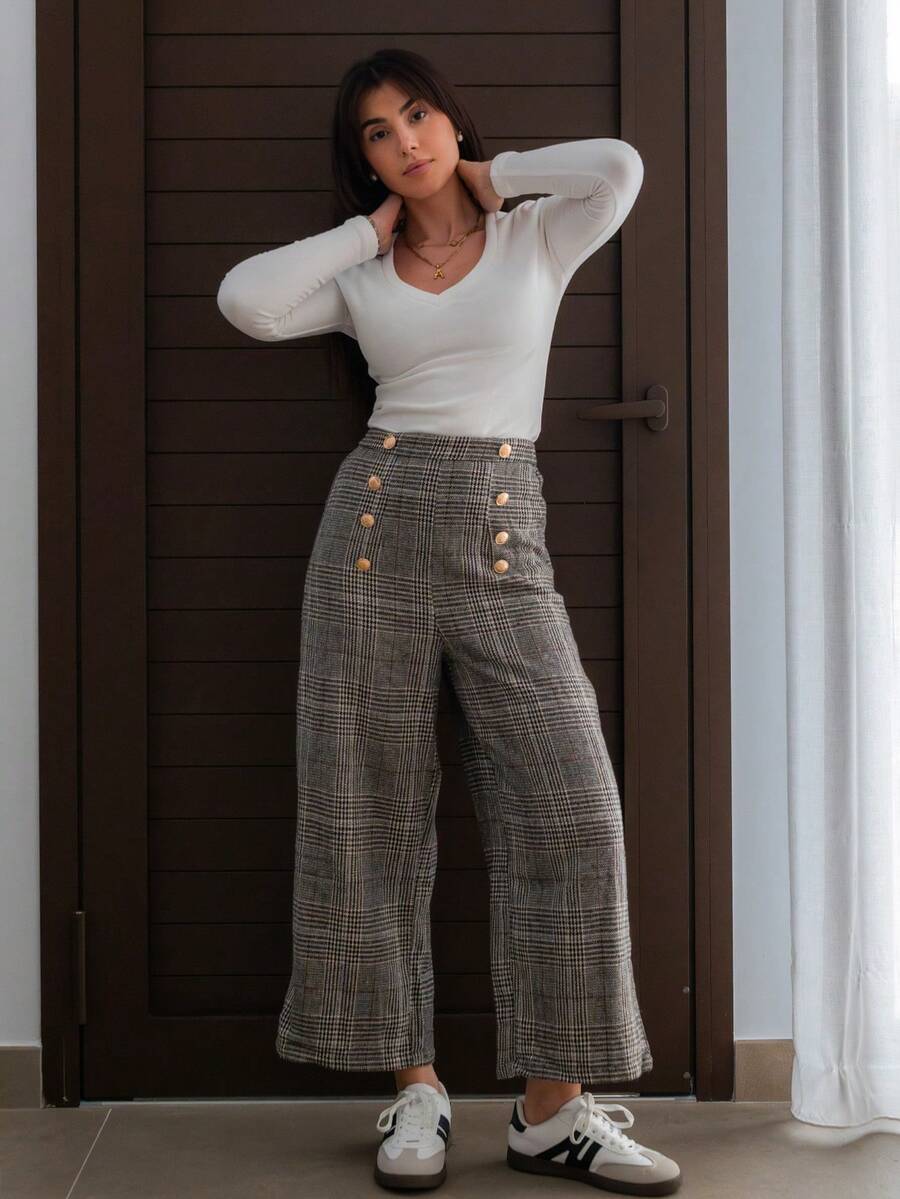 Hitanina Plaid Print Button Detail Wide Leg Pants - Black and White - View 1
