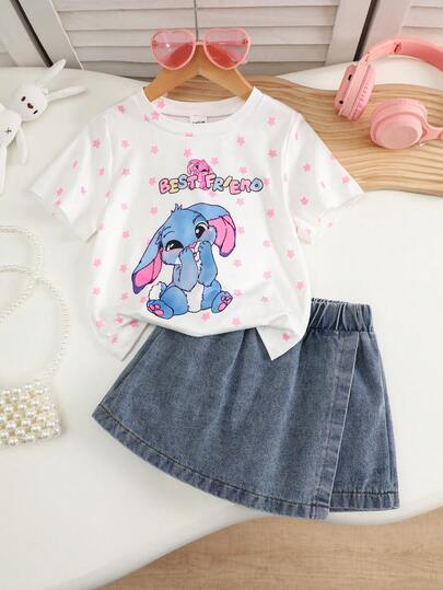 女童两件套，可爱卡通兔子印花圆领短袖T恤搭配纯色牛仔裹身裙，休闲日常穿搭，夏季