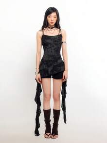 Bloopia 女士时尚不对称吊带背心，夏季街头风 - 黑色 - 查看 3