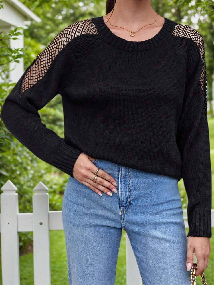 Solid Contrast Fishnet Raglan Sleeve Knit Pullover Fall Winter Sweater