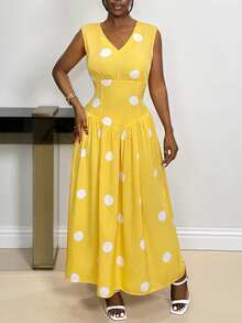 Xyvia Rochie lungă casual cu buline, de primăvară/vară, cu decolteu în V, pentru femei, proaspătă și tinerească, potrivită pentru naveta și întâlniri - Galben de gâscă - Vizualizare 7