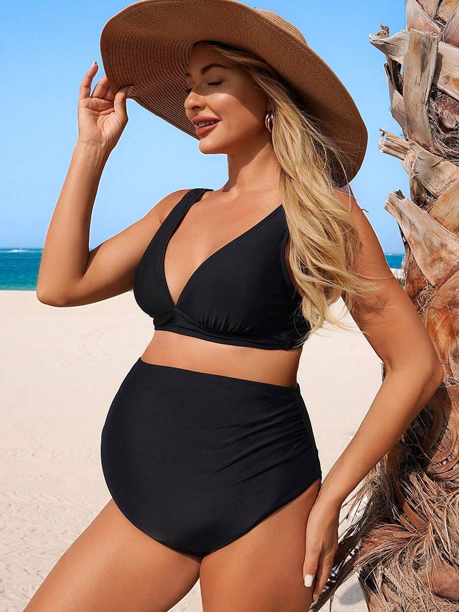 SHEIN Maternity Solid Color Swimwear 2 Pieces Set Black High Waisted Bikini Tummy Control Swimwear For Women, Summer Modest Beach Holiday Vacation Outfits