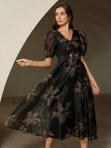 Revavyn Đầm organza tay ngắn, cổ chữ V, eo bất đối xứng, in hoa cổ điển, có khóa cài. - Nhiều màu - Xem 5