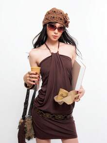 Bloopia Đầm mini ôm sát kiểu vintage dành cho nữ, buộc dây cổ yếm, thắt eo, có chi tiết bèo nhún. - Cà phê - Xem 5