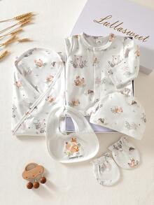 SHEIN White Autumn Cute Holiday Newborn Baby Clothes Gift Set 5 Pack Infant Romper Suit Floral Print Forest Animals Layette Outfit Swaddle Blanket & Robe - Apricot - View 4