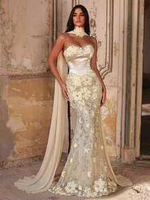 Glamrae Váy đuôi cá dệt kim co giãn, sang trọng, màu xanh lá cây đính cườm hoa 3D, gợi cảm, không dây vai, phù hợp cho đám cưới, tiệc tùng, kỳ nghỉ, dạ hội, váy dạ hội (đính kết cầu kỳ) Váy dạ hội màu sâm panh Váy dạ hội thanh lịch Váy dạ hội lộng lẫy Váy cưới Váy dạ hội không dây vai kiểu đuôi cá Váy thêu hoa Váy dạ hội nữ - Rượu sâm banh - Xem 1