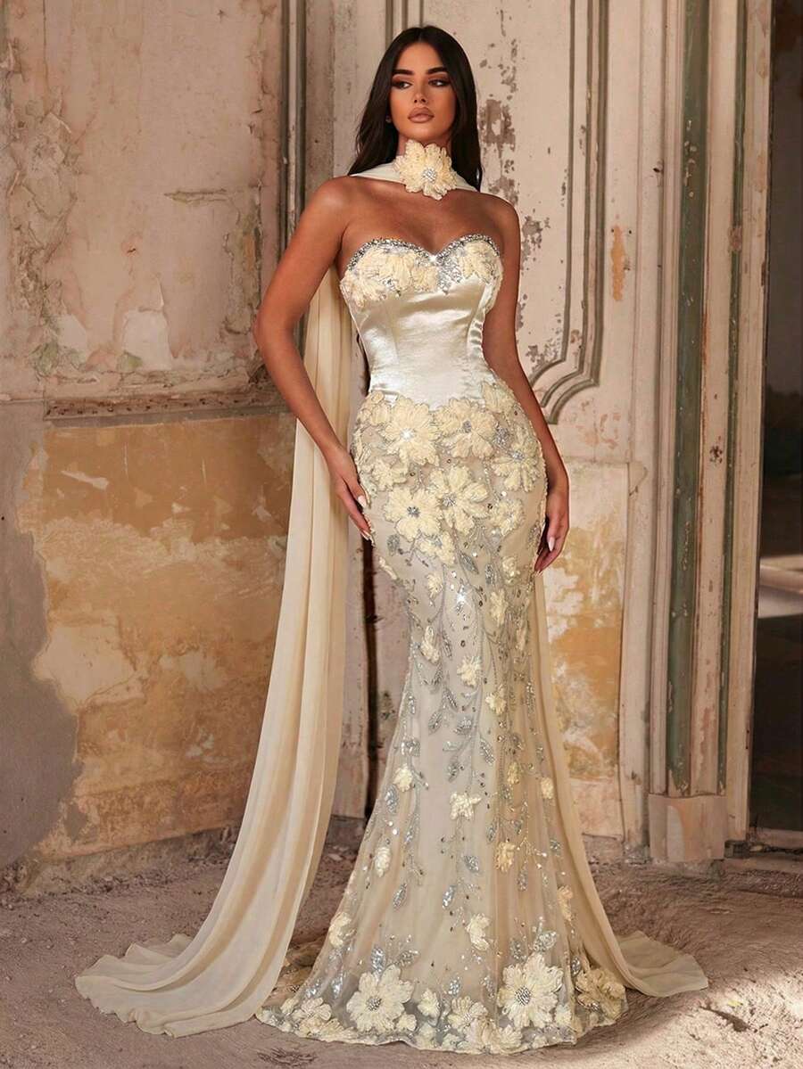 Glamrae Váy đuôi cá dệt kim co giãn, sang trọng, màu xanh lá cây đính cườm hoa 3D, gợi cảm, không dây vai, phù hợp cho đám cưới, tiệc tùng, kỳ nghỉ, dạ hội, váy dạ hội (đính kết cầu kỳ) Váy dạ hội màu sâm panh Váy dạ hội thanh lịch Váy dạ hội lộng lẫy Váy cưới Váy dạ hội không dây vai kiểu đuôi cá Váy thêu hoa Váy dạ hội nữ - Rượu sâm banh - Xem 1