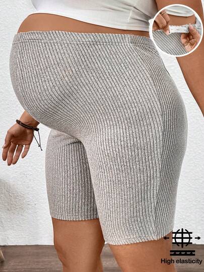 SHEIN 孕妇加大码纯色可调节腰围罗纹休闲短裤